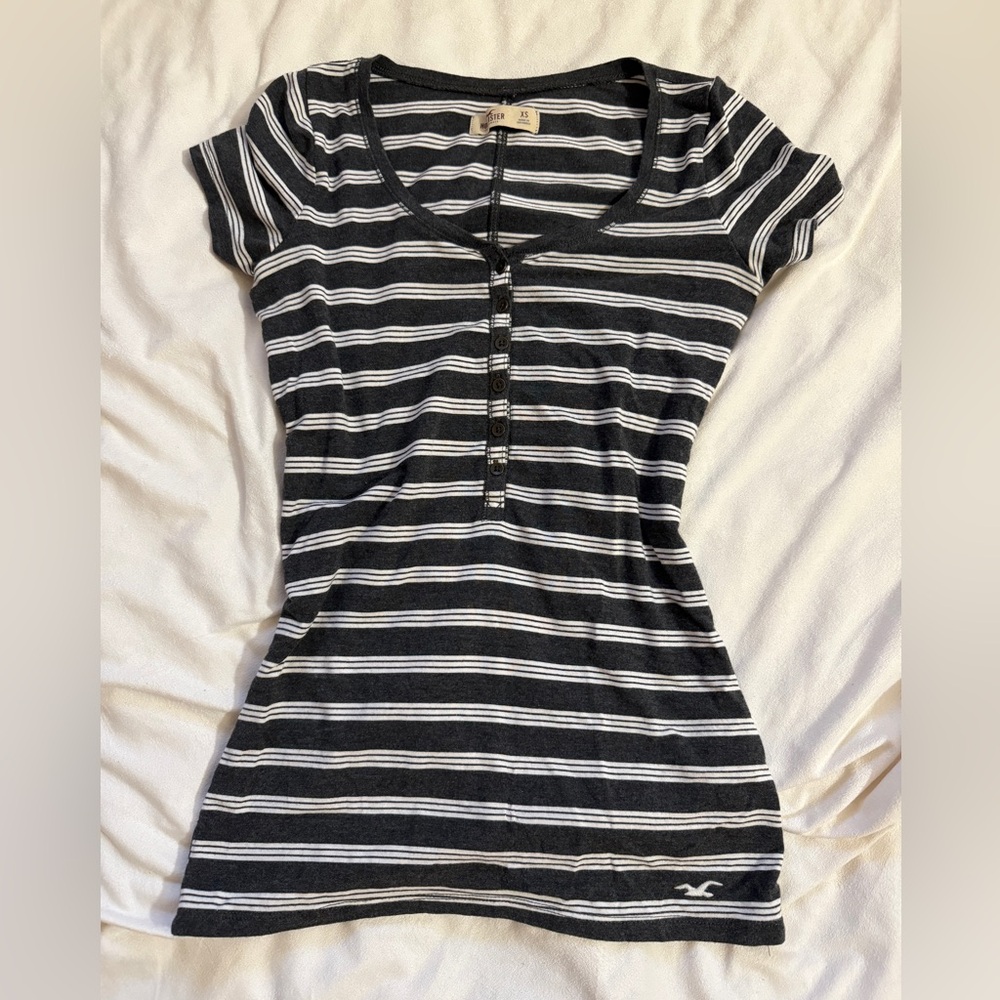 vintage hollister striped grey and white henley top